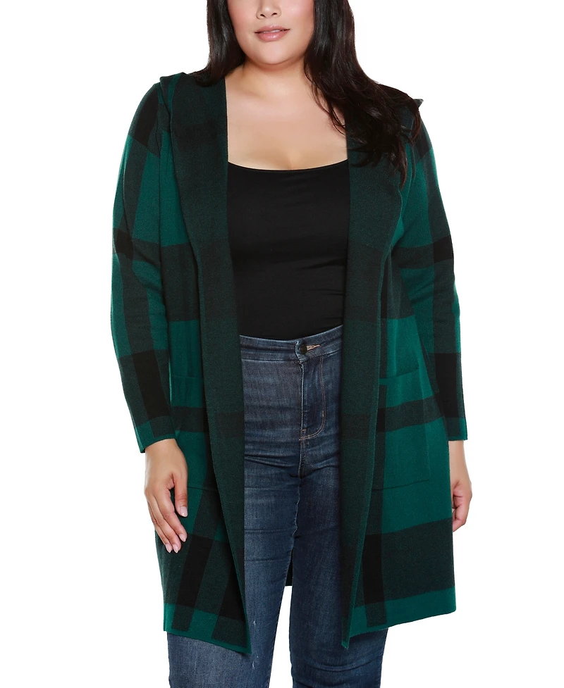 Belldini Plus Hooded Plaid Coatigan Sweater