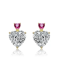 Sterling Silver 14K Gold Plated with Green, Red, or Blue Cubic Zirconia Two-Stone Heart Stud Earrings