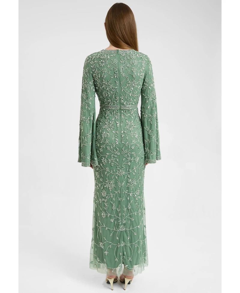 Maryisa Women's Modest Embellished Sequin Beaded With Sleeves Design Maxi Dress