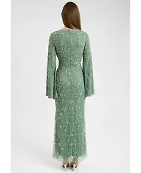 Maryisa Women's Modest Embellished Sequin Beaded With Sleeves Design Maxi Dress