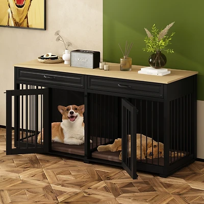 Homsee Indoor Dog Crate Furniture, Dog Cage Kennel with 2-Drawers