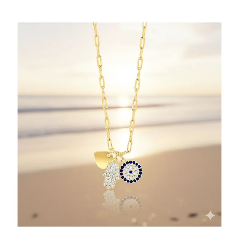 Etoielle Paperclip Created Blue Sapphire Evil Eye Hamsa Heart Silver Vermeil Charm Necklace