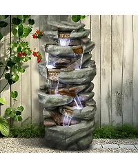 SunJet 40.5" High 6-Tier Outdoor Water Fountain with Led Lights Cascading Waterfall for Garden and Yard Decor