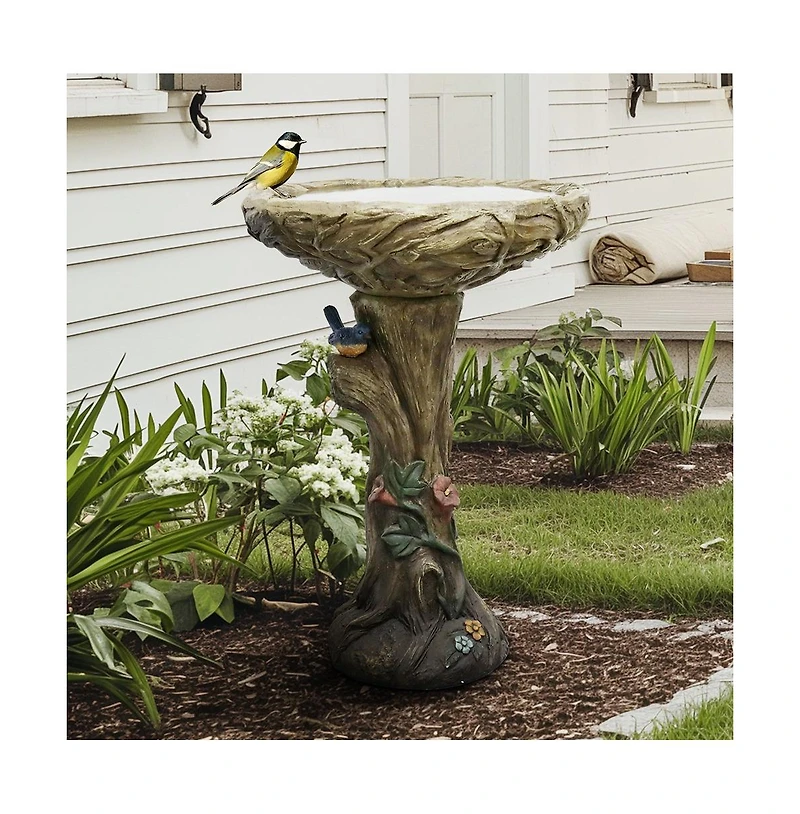 SunJet 25.5 Inch Heigh Wood-Look Concrete Bird Bath with Decorative Faux Bird – birdbath Rustic & Long-Lasting Design, Enhances Garden