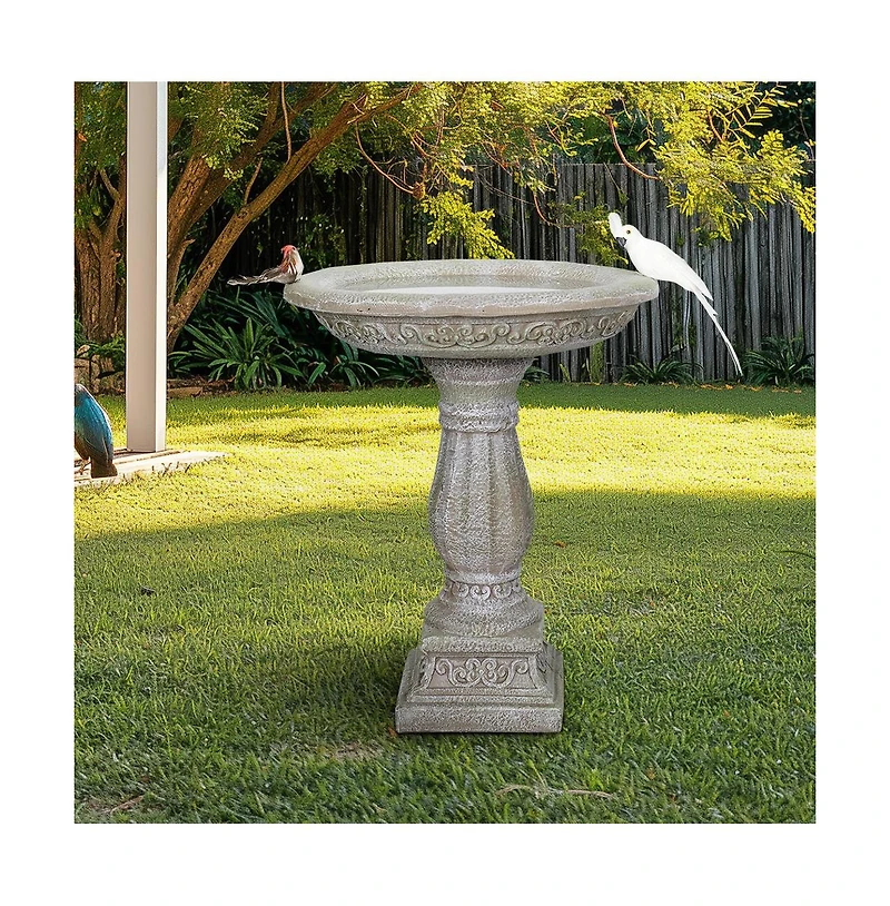SunJet 23.8 Inch High Concrete Bird Bath with Carved Pedestal – Birdbath Sturdy & Elegant Design, Stone-Like Texture