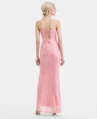 B Darlin Juniors' Beaded V-Neck Lace-Up-Back Gown