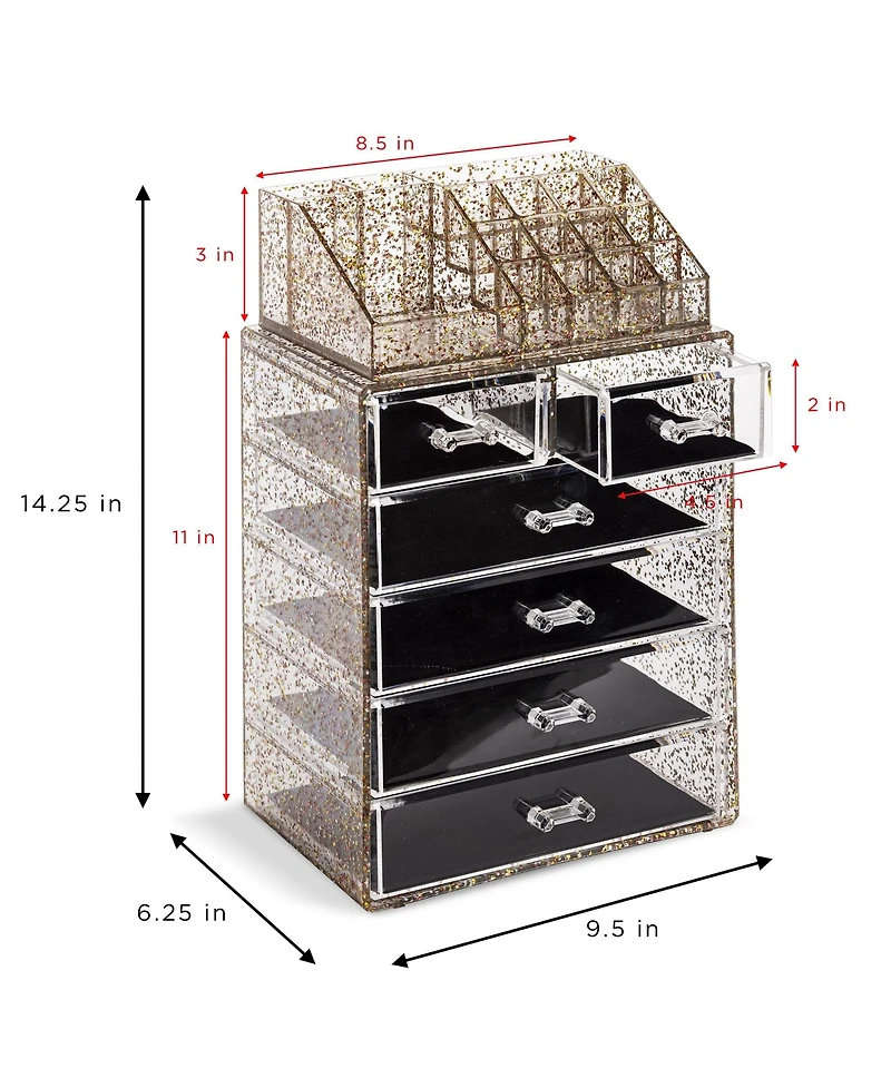 Sorbus 2 Piece Acrylic Makeup and Jewelry Storage Organizer Case (6 Drawers and Lipstick Tray) - Tie Dye Pink