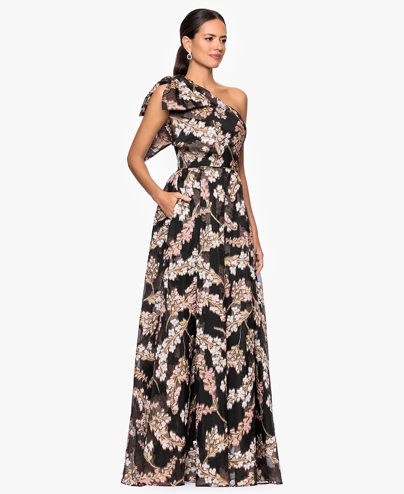 Betsy & Adam Petite One Shoulder Floral Print Long Dress