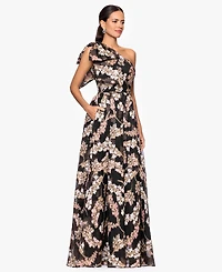 Betsy & Adam Petite One Shoulder Floral Print Long Dress