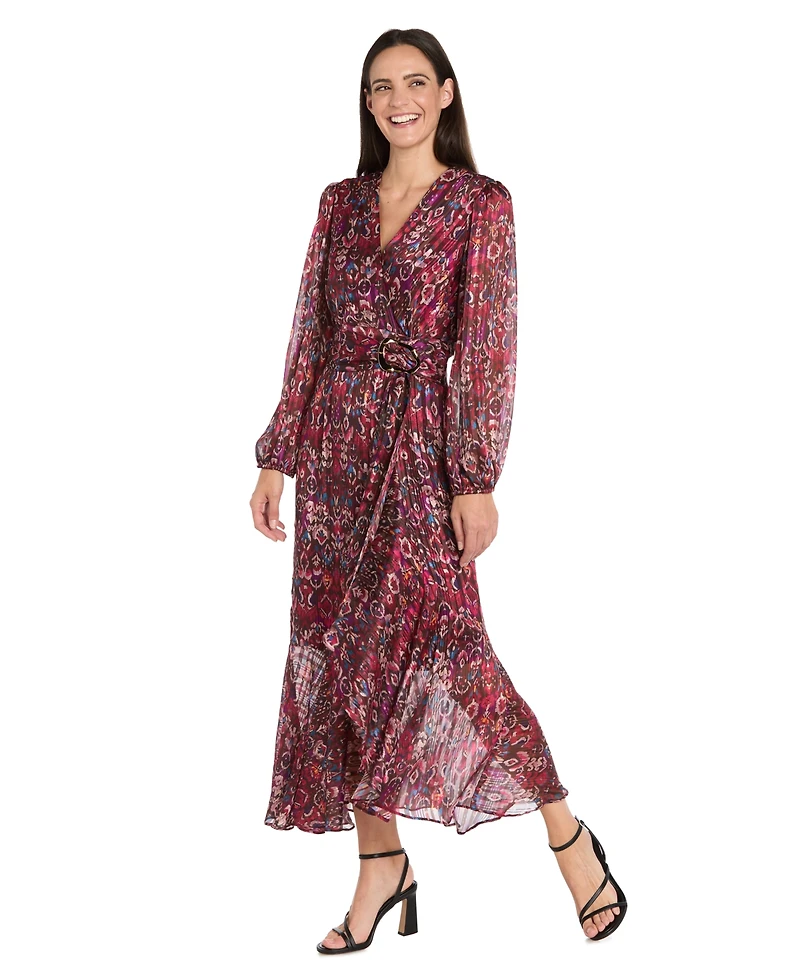 R & M Richards Women's Long-Sleeve Mock Surplus Wrap Printed Dress