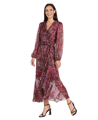 R & M Richards Women's Long-Sleeve Mock Surplus Wrap Printed Dress