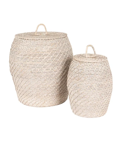 Storied Home Rattan Wicker Storage Basket with Lid, Washed Black Finish, Set of 2