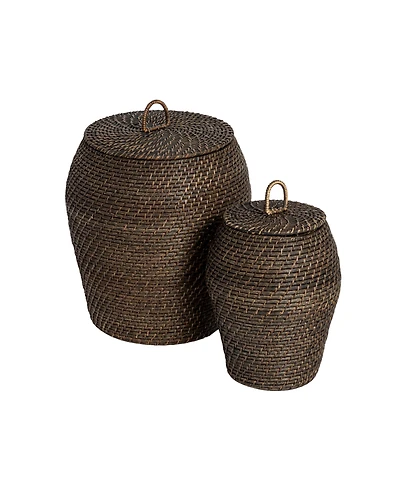 Storied Home Rattan Wicker Storage Basket with Lid, Washed Black Finish, Set of 2