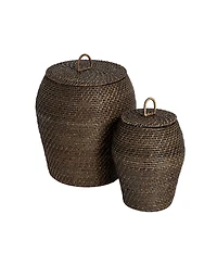 Storied Home Rattan Wicker Storage Basket with Lid, Washed Black Finish, Set of 2
