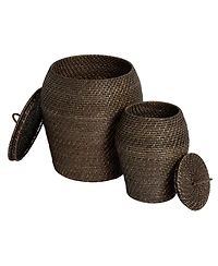 Storied Home Rattan Wicker Storage Basket with Lid, Washed Black Finish, Set of 2