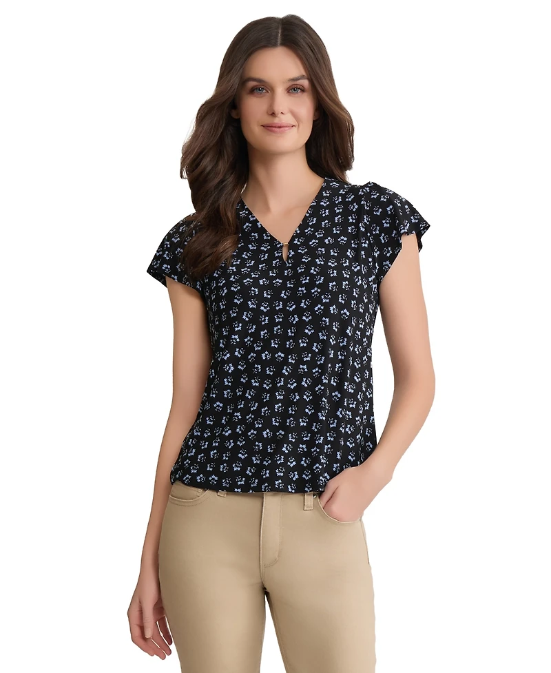 Jones New York Petite Flutter Sleeve Tube Trim V-Neck Top