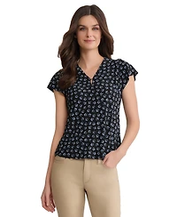 Jones New York Petite Flutter Sleeve Tube Trim V-Neck Top