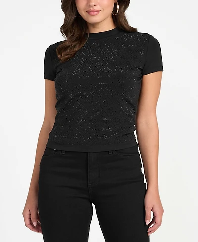 Guess Women's Rhinestone-Logo Mock-Neck Short-Sleeve Top