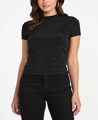 Guess Women's Rhinestone-Logo Mock-Neck Short-Sleeve Top