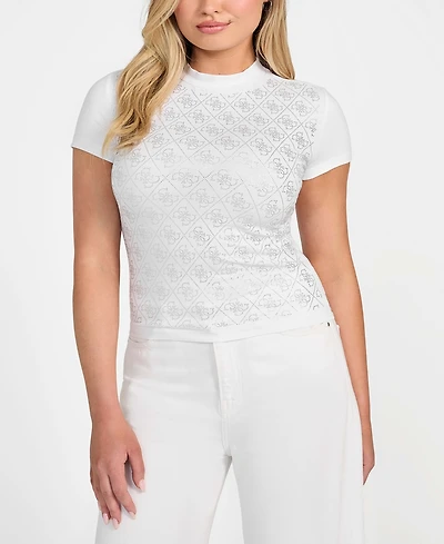 Guess Women's Rhinestone-Logo Mock-Neck Short-Sleeve Top