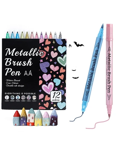 Htutwoo 12 Colors Metallic Markers, Dual Tip Glitter Pens, Acrylic Paint Markers for Diy Crafts, Scrapbooking, Glass, Wood and Cards