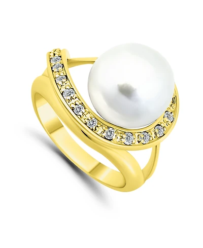 Imitation Pearl and Pave Cubic Zirconia Swirl Wrap Ring Silver Plate
