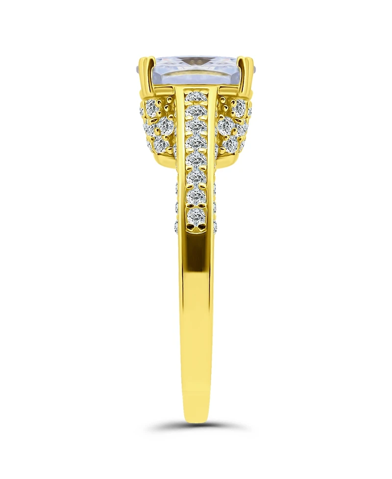 Cubic Zirconia Cushion Stone Ring with Fancy Pave Gallery Silver Plate