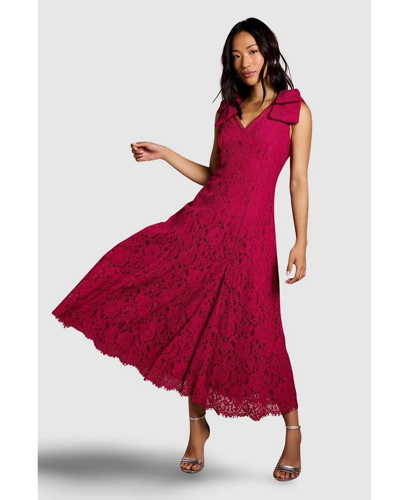 Coast Women's Bow Shoulder V Neck Lace Midi Dress