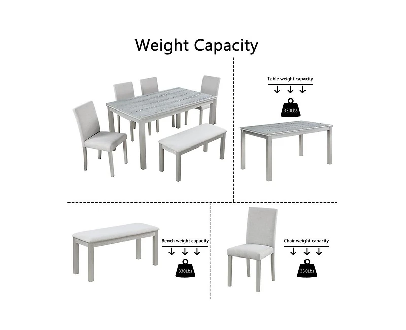Casainc 6-Piece Silver Grey Crystal Accent Wood Dining Set with Rectangular Table 4 Upholstered Chairs and Bench