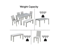 Casainc 6-Piece Silver Grey Crystal Accent Wood Dining Set with Rectangular Table 4 Upholstered Chairs and Bench