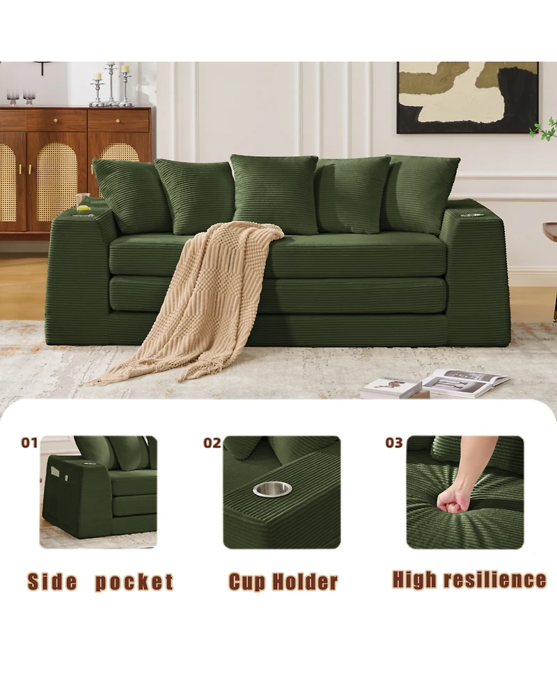 Streamdale Furniture Corduroy Convertible Sofa Bed Loveseat Sleeper with 5 Pillows, Green