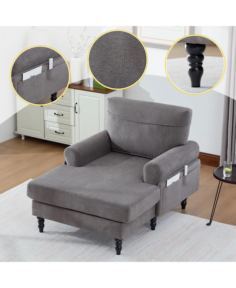Streamdale Modern Minimalist Chenille Chaise Lounge Recliner Sofa with Wooden Legs & Side Pockets