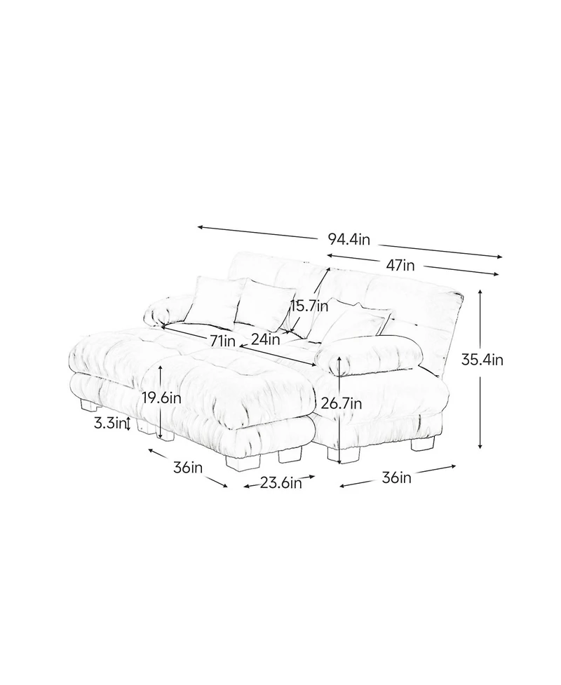 Streamdale Furniture Streamdale Cloud Couch Sleeper Sofa, Chenille 2 Seater Sofa with 2 Ottomans, Pink
