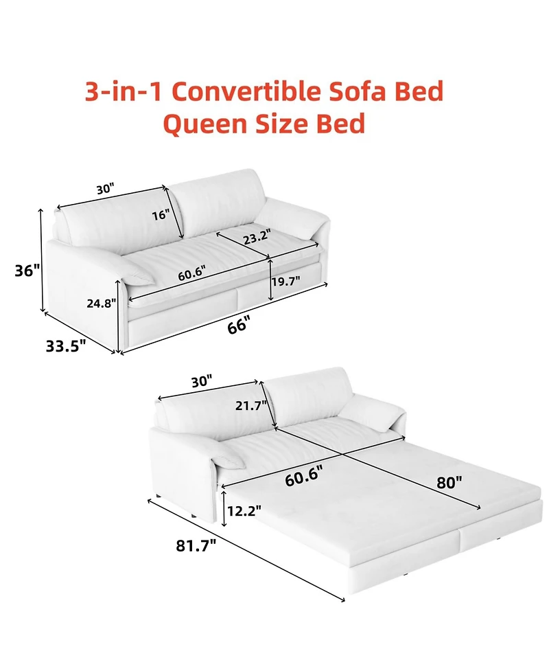 Streamdale Furniture 66" Queen Pull Out Sofa Bed with Storage, 3-in-1 Convertible Velvet Loveseat Sleeper