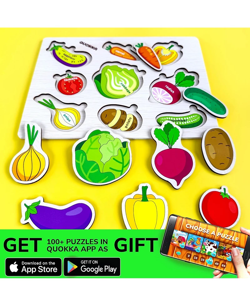 Quokka Wooden 4 Set Pegged Puzzles for Kids Ages 1-2 – Veggies Learning Toy for Kids
