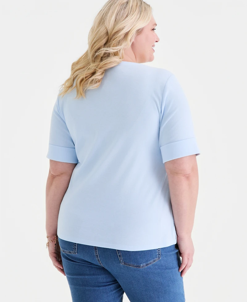 Style & Co Plus Boat-Neck Elbow Sleeve Cotton Top