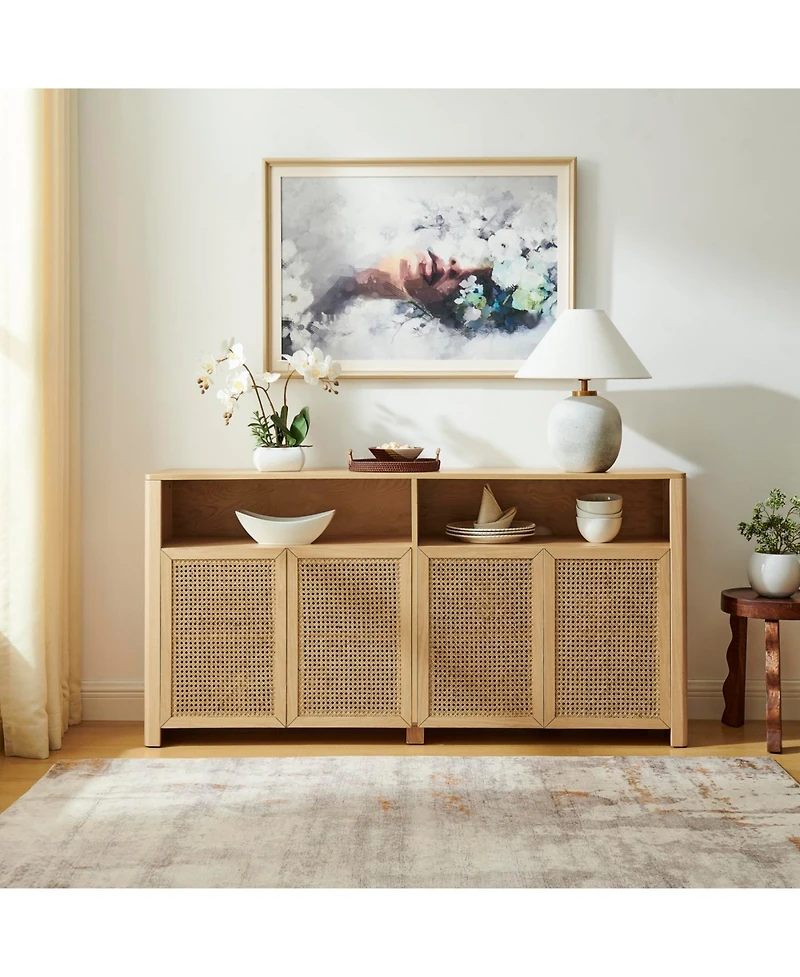 Streamdale 63" Mid Century Modern Rattan Sideboard Buffet Cabinet with Storage, Retro Coffee Bar