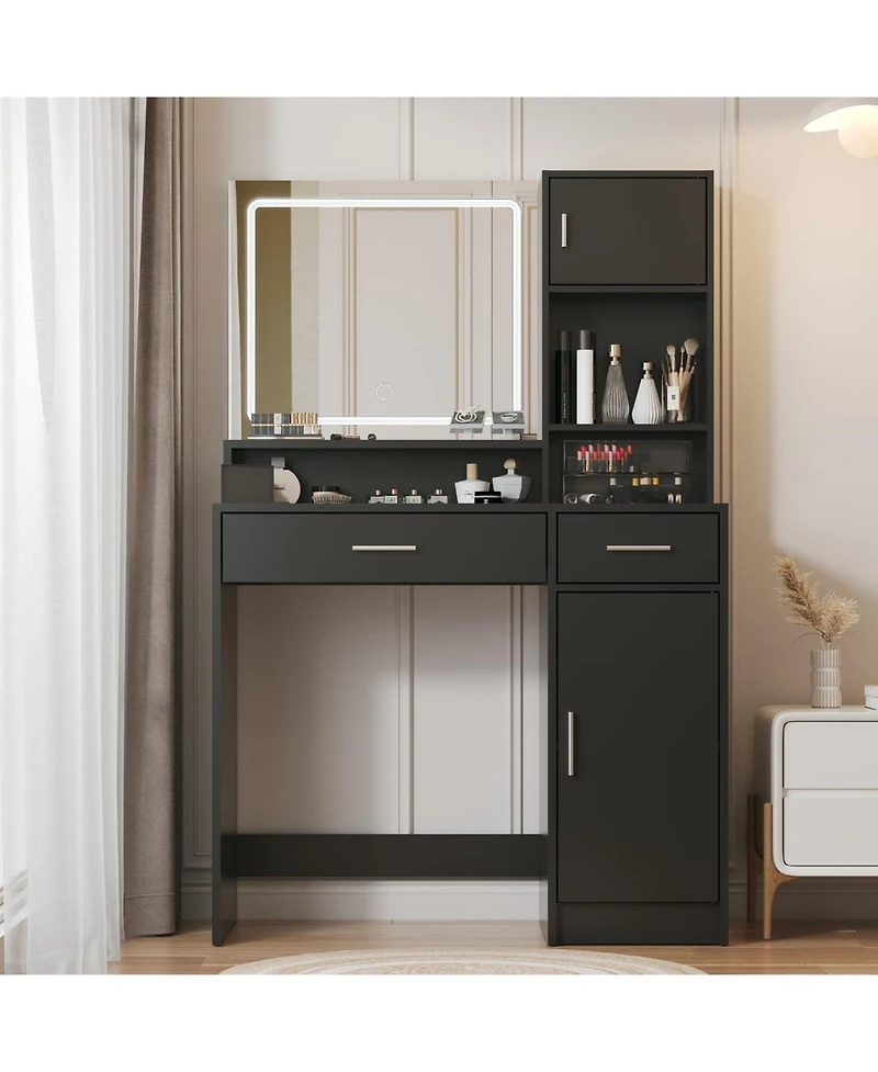 Streamdale Furniture Streamdale Vanity Desk with Mirror, Led Light Strip, Large Drawer & Storage (Black