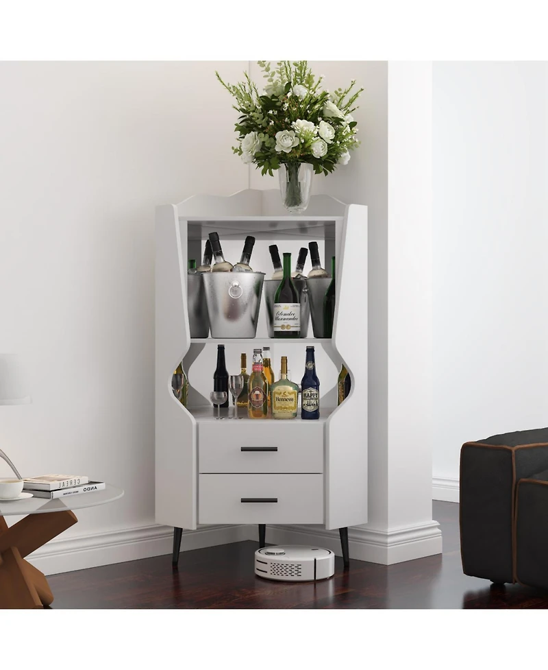 Streamdale Furniture Streamdale Wooden Corner Bar Cabinet with Storage Shelves and Drawers, White