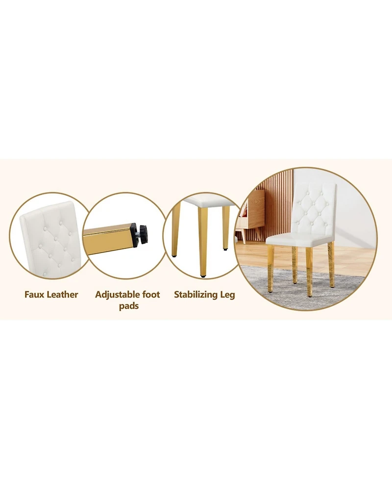 Streamdale 4-pack White Pu Dining Chairs, Ergonomic Buckle Back, 35"H, Golden Metal Legs