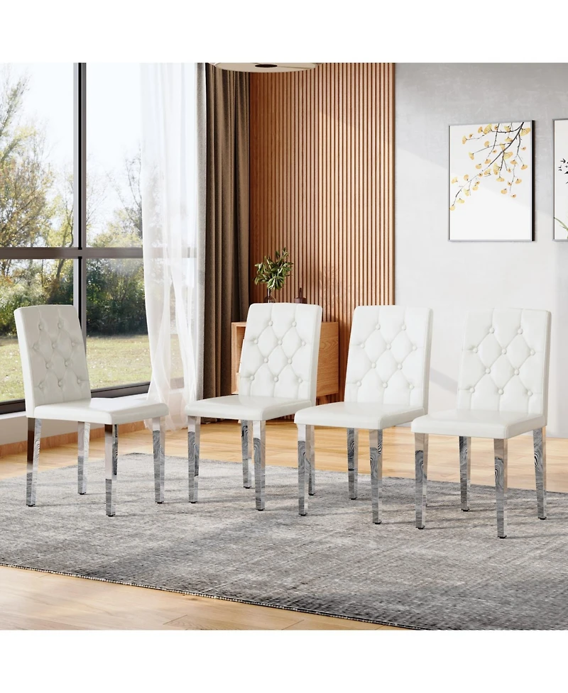 Streamdale Furniture 4-pack white Pu dining chairs with buckle backrest & silver legs