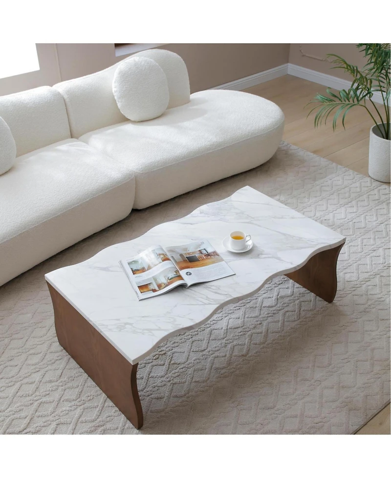 Streamdale Furniture Whisper of Waves Modern Coffee Table, White Faux Marble, Walnut Brown
