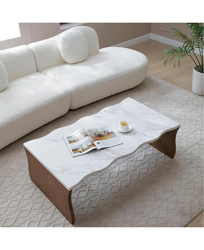 Streamdale Furniture Whisper of Waves Modern Coffee Table, White Faux Marble, Walnut Brown