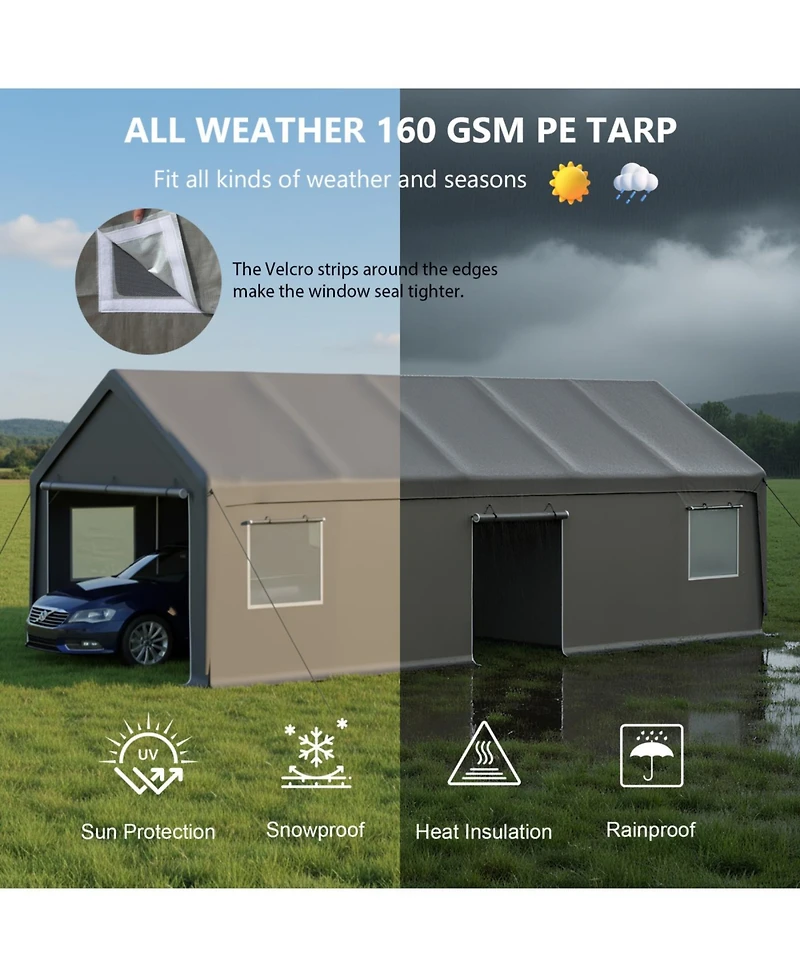 Streamdale Furniture Streamdale 13x26 Ft Heavy Duty Carport Canopy w/ Roll-Up Doors, Removable Walls & Windows