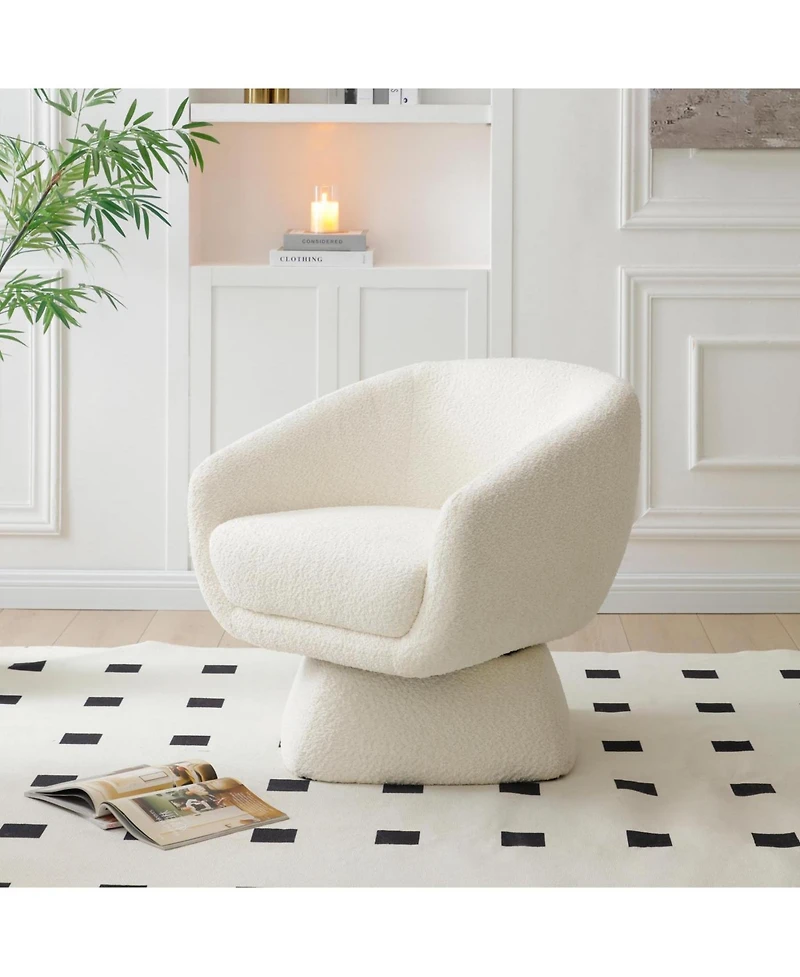 Streamdale Furniture White Boucle Swivel Chair, Solid Wood Frame, Modern Armchair