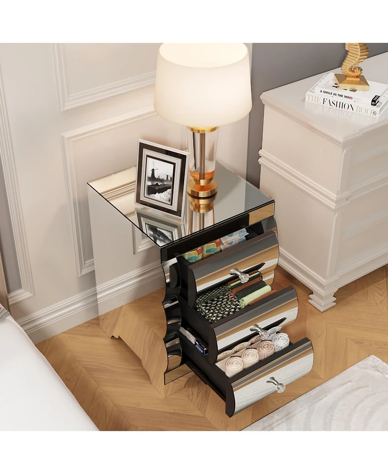 Streamdale Furniture Streamdale Curved Mirror 3-Drawer Nightstand/Bedside Table - Silver