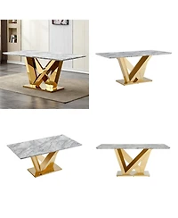 Streamdale FurnitureMarble Dining Table for 6, 70" Rectangle Faux Marble w/ Mirrored Stainless Steel Base (Gold, Gray)