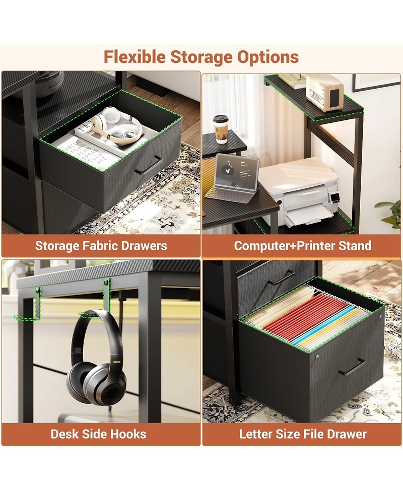 Aheaplus Gaming Desk with Outlets and Led Light, 59'' Reversible Computer File Drawers & Monitor Stand