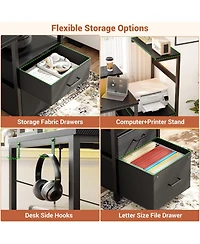 Aheaplus Gaming Desk with Outlets and Led Light, 59'' Reversible Computer File Drawers & Monitor Stand