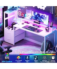 Aheaplus Gaming Desk with Outlets and Led Light, 59'' Reversible Computer File Drawers & Monitor Stand